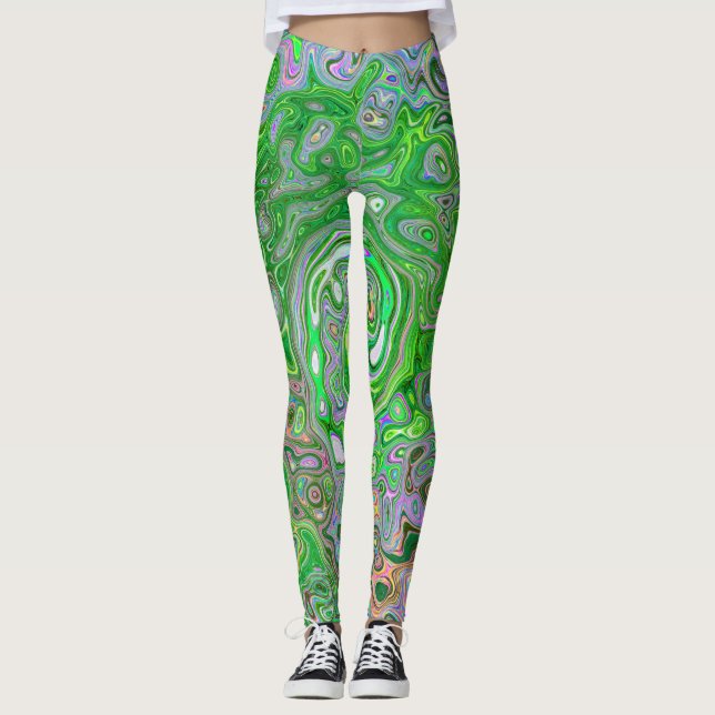 Trippy Lime Green und Pink Abstrakt Retro Swirl Leggings (Vorderseite)