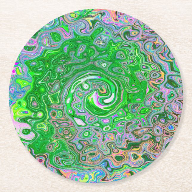 Trippy Lime Green und Pink Abstrakt Retro Swirl Runder Pappuntersetzer (Vorderseite)