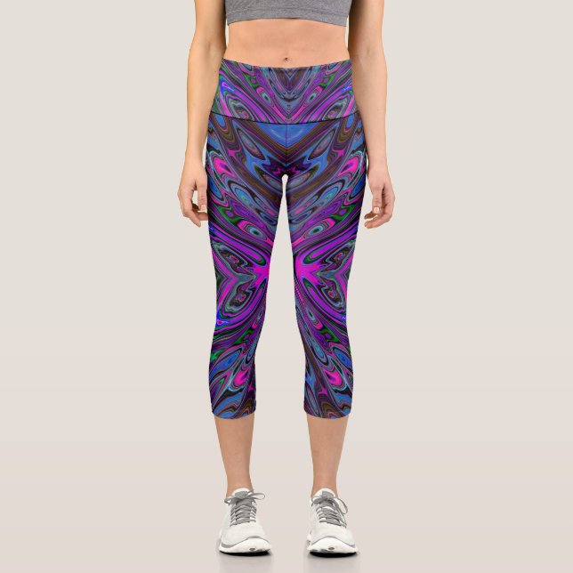 Trippy Magenta, Blue und Green Abstrakt Butterfly Capri Leggings (Vorderseite)