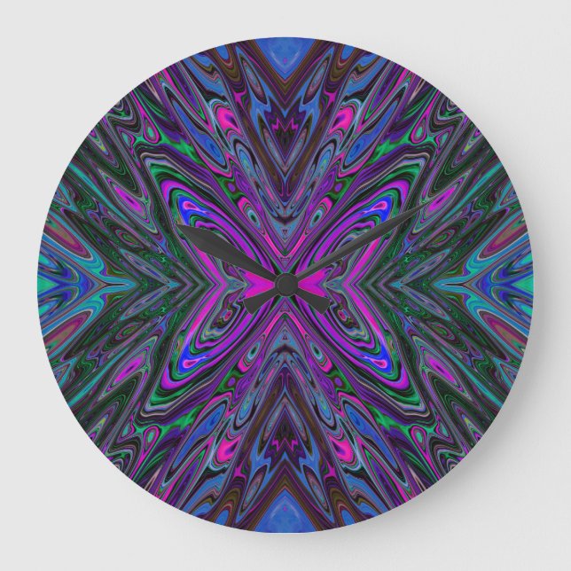 Trippy Magenta, Blue und Green Abstrakt Butterfly Große Wanduhr (Vorderseite)