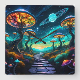 Trippy Mushroom Planet II Quadratische Wanduhr