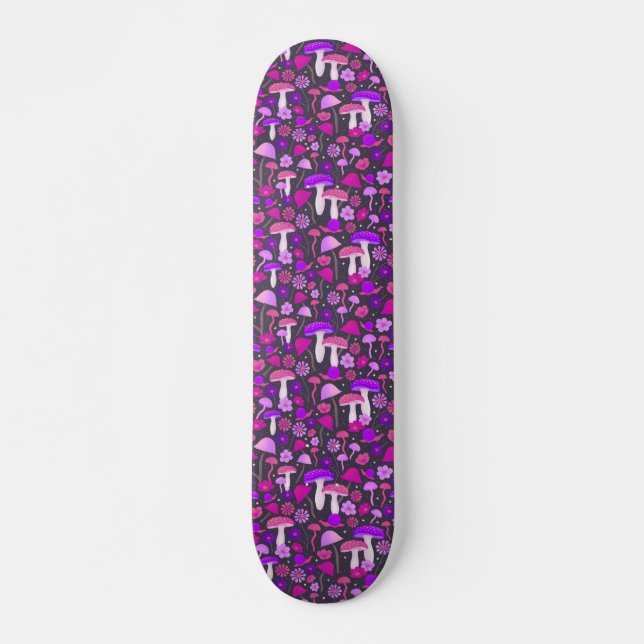 Trippy Mushrooms Lila, rosa und schwarz Skateboard (Vorne)