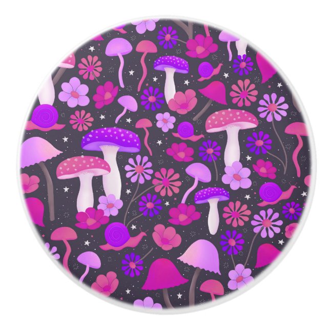 Trippy Mushrooms Psychedelic Lila, Pink & Black Keramikknauf (Vorderseite)