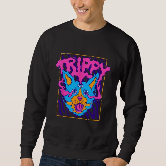 Trippy Psychedelic Weird Cat Hippie Rave Weirdcore Sweatshirt (Vorderseite)