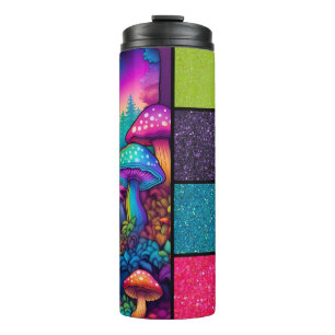 Trippy Rainbow Mushroom & Imitate Glitzer Thermosbecher