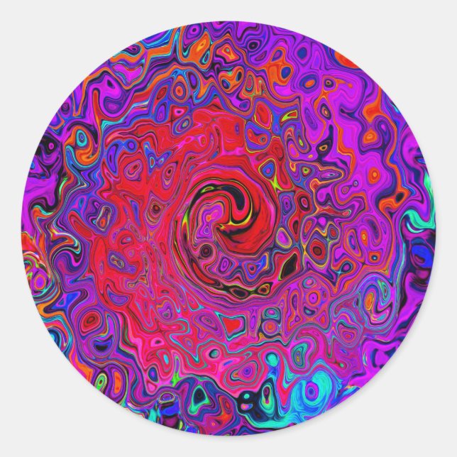 Trippy Red und Lila Abstrakt Retro Liquid Swirl Runder Aufkleber (Vorderseite)