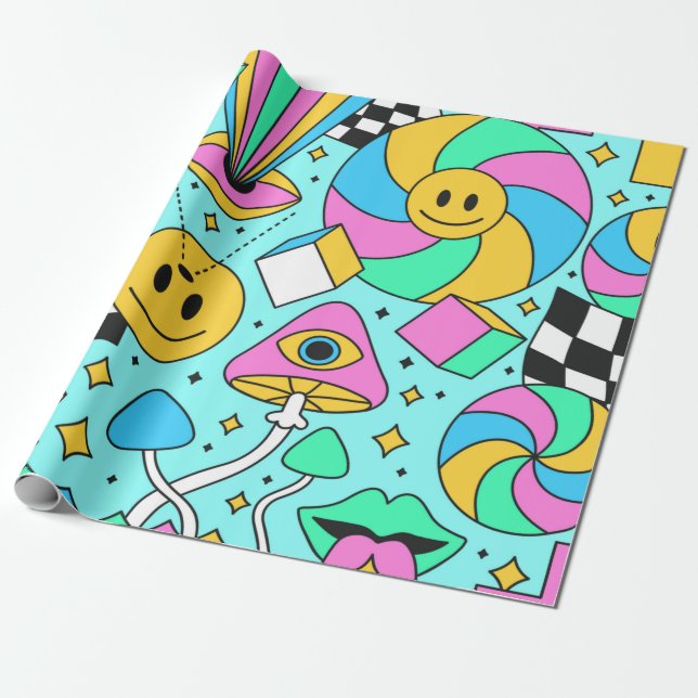 Trippy Regenbogen 60er Pop psychedelisches nahtlos Geschenkpapier (Ungerollt)
