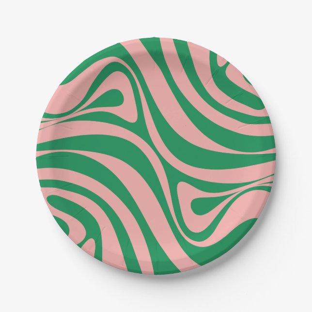Trippy Retro Abstrakt Swirl Rosa und Grün Muster Pappteller (Vorderseite)