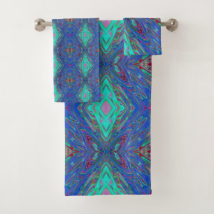Trippy Retro Blaues und Rotes Abstraktes Schmetter Badhandtuch Set