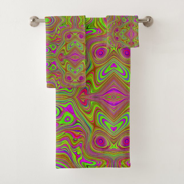 Trippy Retro Chartreuse Magenta Abstraktes Muster Badhandtuch Set (Insitu)