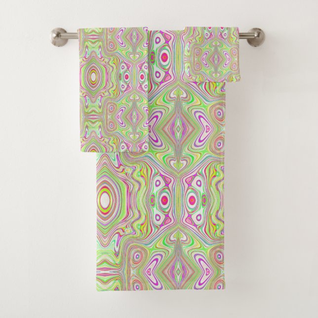 Trippy Retro Pink und Lime Green Abstraktes Muster Badhandtuch Set (Insitu)