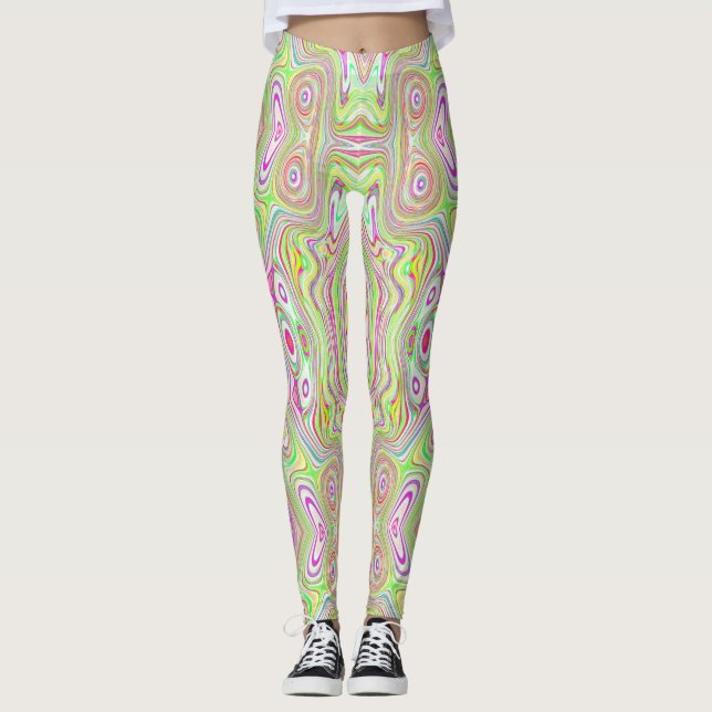 Trippy Retro Pink und Lime Green Abstraktes Muster Leggings (Vorderseite)