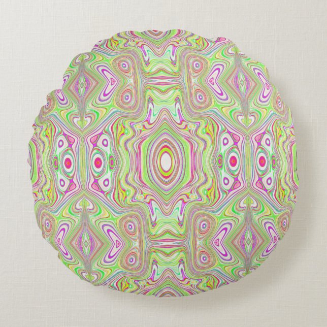 Trippy Retro Pink und Lime Green Abstraktes Muster Rundes Kissen (Vorderseite)