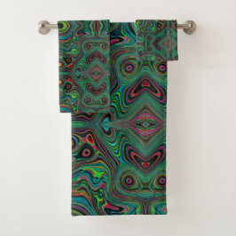 Trippy Retro Schwarz und Lime Green Abstraktes Mus Badhandtuch Set