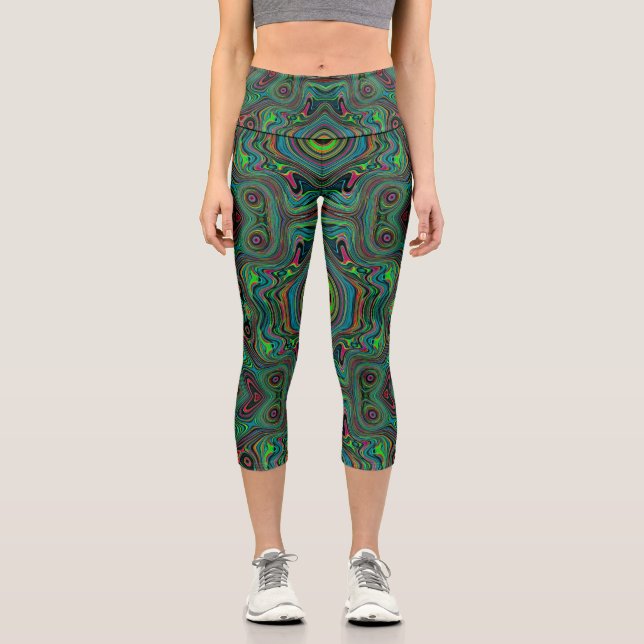 Trippy Retro Schwarz und Lime Green Abstraktes Mus Capri Leggings (Vorderseite)