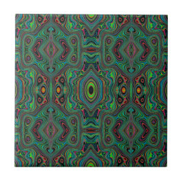 Trippy Retro Schwarz und Lime Green Abstraktes Mus Fliese