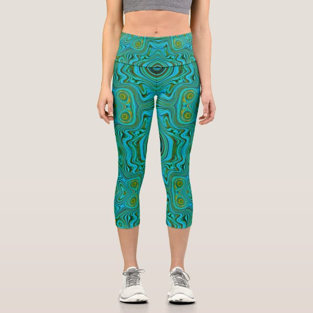 Trippy Retro Türkis Chartreuse Abstraktes Muster Capri Leggings (Vorderseite)