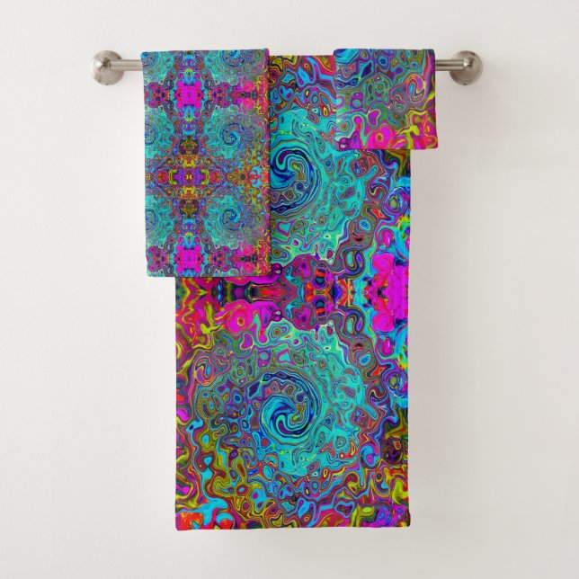 Trippy Sky Blue Abstrakt Retro Liquid Swirl Badhandtuch Set (Insitu)
