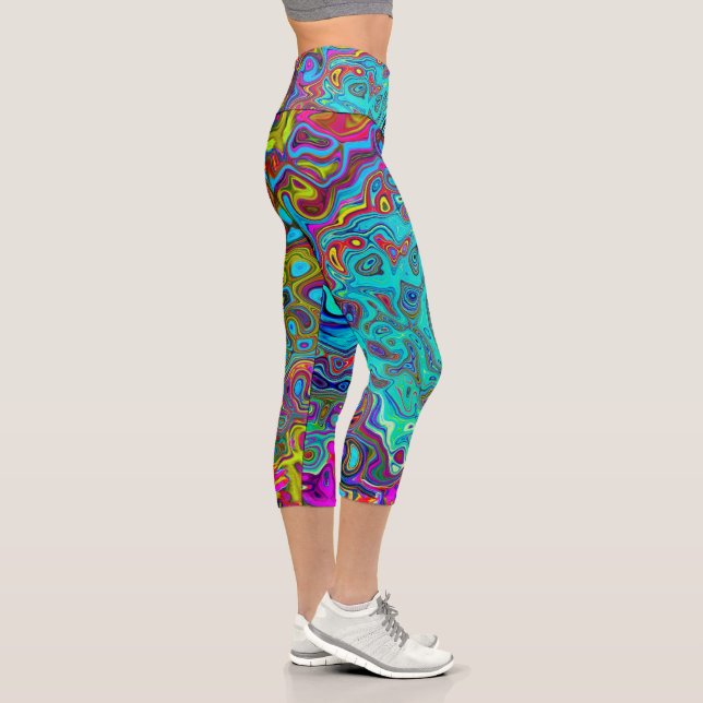 Trippy Sky Blue Abstrakt Retro Liquid Swirl Capri Leggings (Rechts)