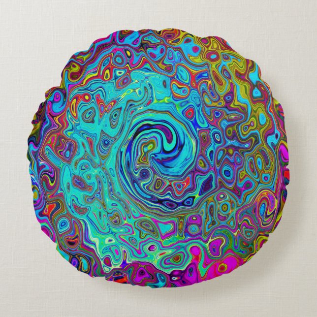 Trippy Sky Blue Abstrakt Retro Liquid Swirl Rundes Kissen (Vorderseite)
