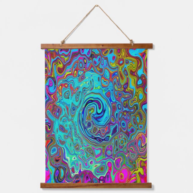 Trippy Sky Blue Abstrakt Retro Liquid Swirl Wandteppich Mit Holzrahmen (Vorderseite)