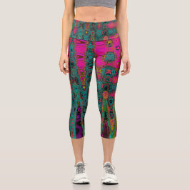 Trippy-Türkis-Abstrakt Retro-Atomwellen Capri Leggings