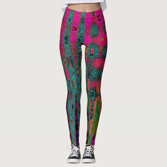 Trippy-Türkis-Abstrakt Retro-Atomwellen Leggings (Vorderseite)