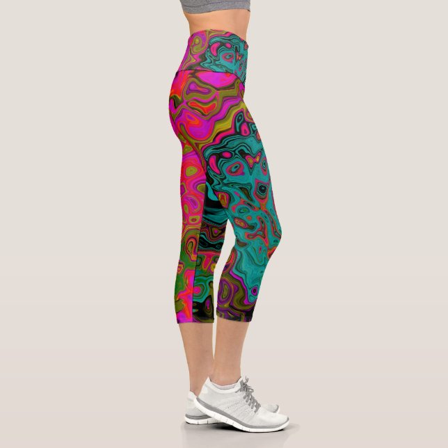 Trippy-Türkis-Abstrakt Retro-Liquid-Swirl Capri Leggings (Rechts)