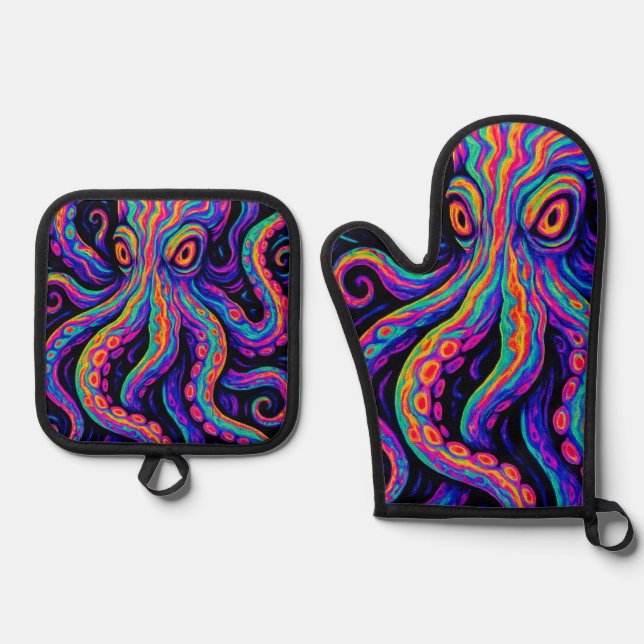 Trippy Vibranus Octopus Ofenhandschuh & Topflappen-Set (Vorderseite)