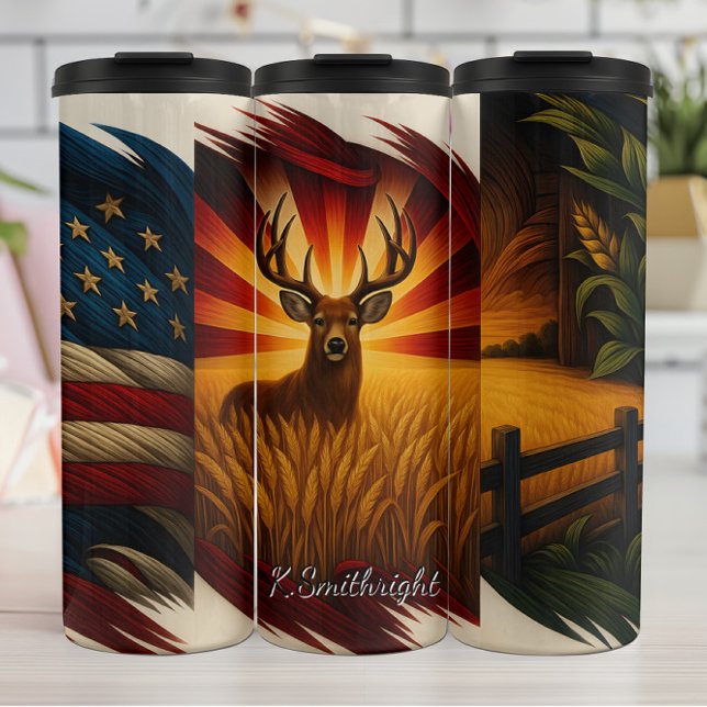 Triptych Deer American Flag Farm Thermosbecher (Von Creator hochgeladen)