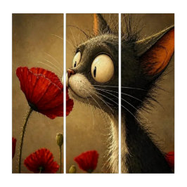 Triptychon Schwarz-Weiß-Katze rote Blume floral