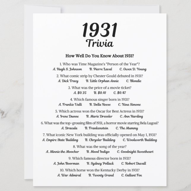 Trivia-Spiel 1931 | 94. Geburtstagsparty (Vorderseite)