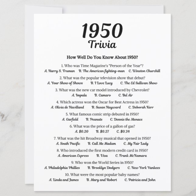 Trivia-Spiel 1950 (Vorderseite)