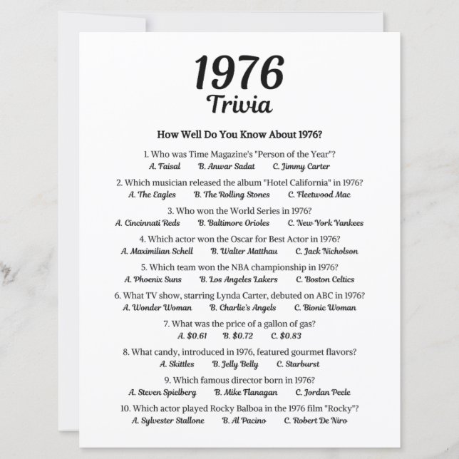 Trivia-Spiel 1976 | Geburtstagsparty-Spiel (Vorderseite)