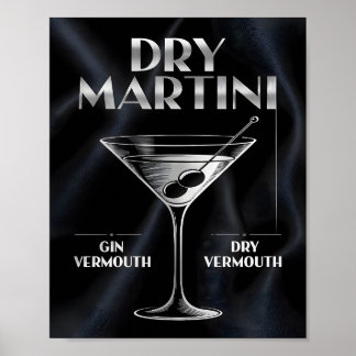 Trockene Martini-Cocktail-Zutaten Silberne schwarz Poster