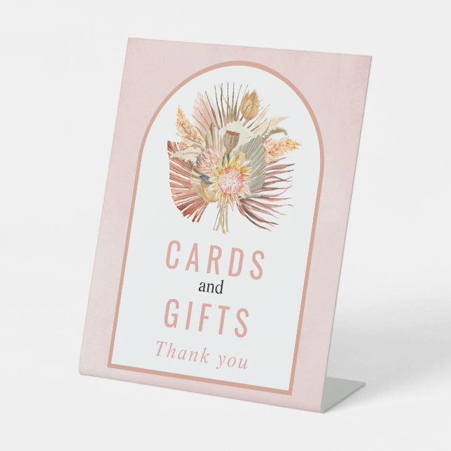 Trockene Palme, Pampasgras, weiche rosa Hochzeit Sockelschild (Vorderseite)