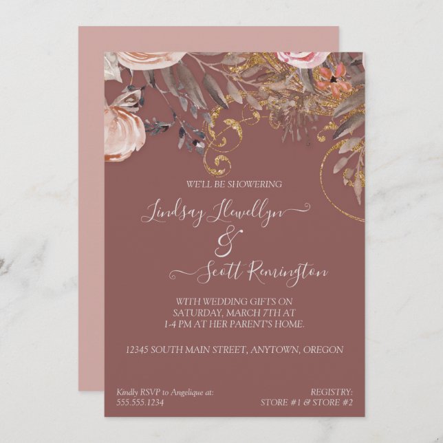 Trockenes Blume Foliage Rose Gold Boho Paare Dusch Einladung (Vorne/Hinten)