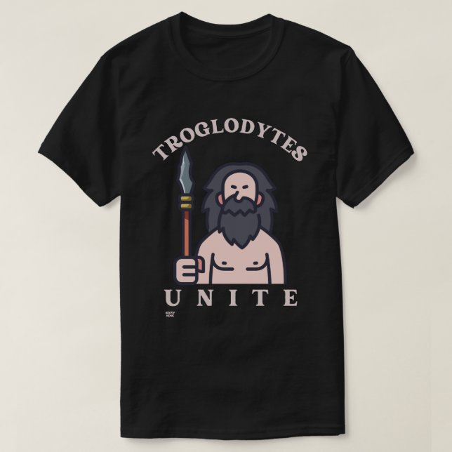 "TROGLODYTES UNITE" lustiger Stein-Age-Caveman     T-Shirt (Design vorne)