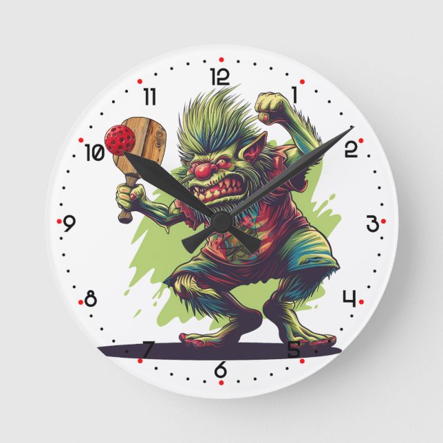 Troll in der Küche Pickleball  Runde Wanduhr (Vorderseite)