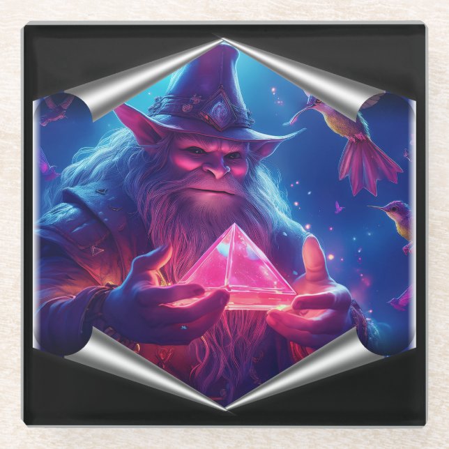 Troll mit glänzender Pyramide und Hummingvögeln Glasuntersetzer (Vorderseite)