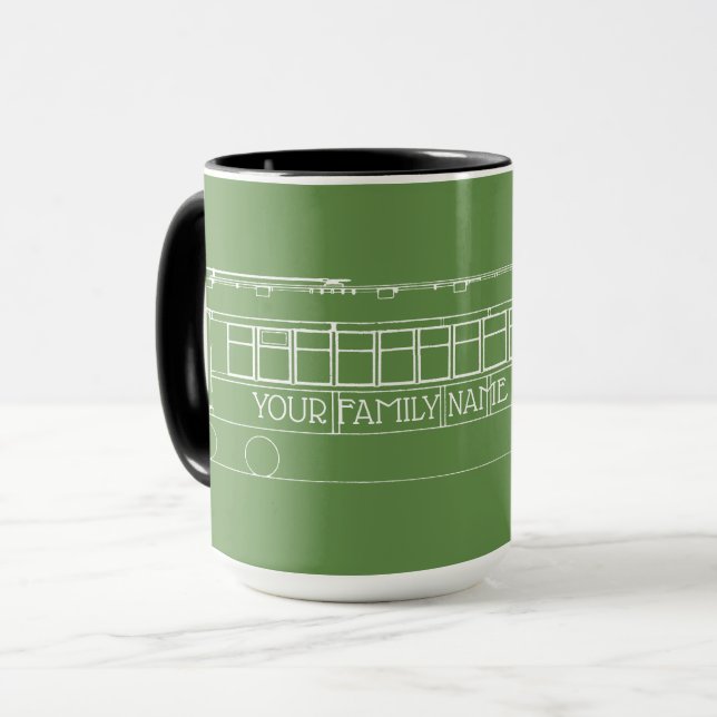 TROLLEY TRAIN STREETCAR white +YOUR FAMILY NAME Tasse (Vorderseite Links)