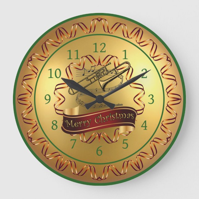 Trombone ~ Musical Scroll ~ Gold "Frohe Weihnachte Große Wanduhr (Vorderseite)