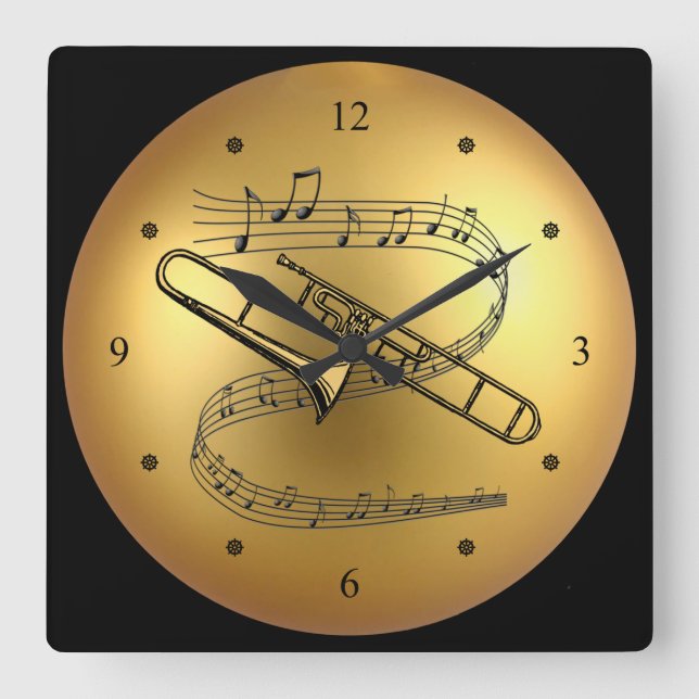 Trombone~Musical Scroll~ Golden Globe-Hintergrund Quadratische Wanduhr (Vorderseite)