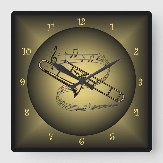 Trombone ~ Musikinstrument ~ musikalisches Kugeln Quadratische Wanduhr (Vorderseite)