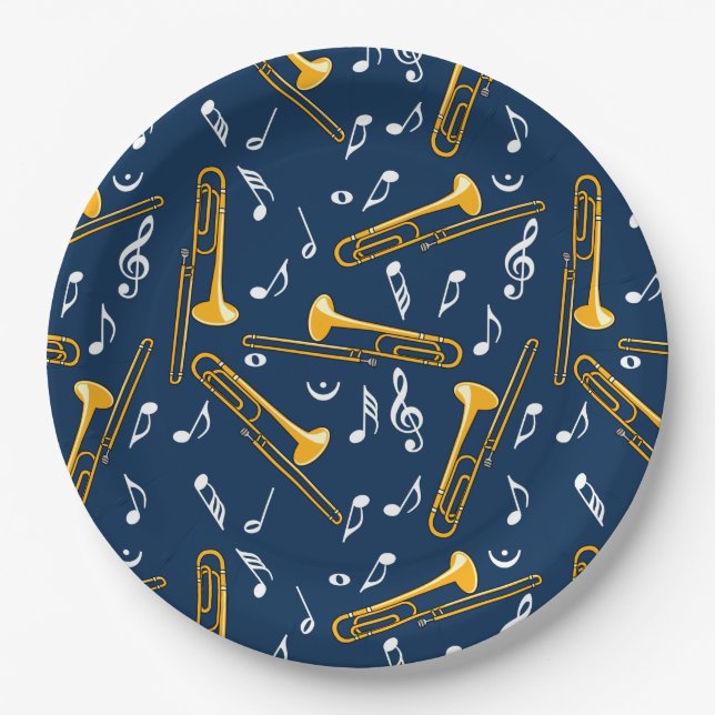 Trombone-Musiknoten-Muster Pappteller (Vorderseite)