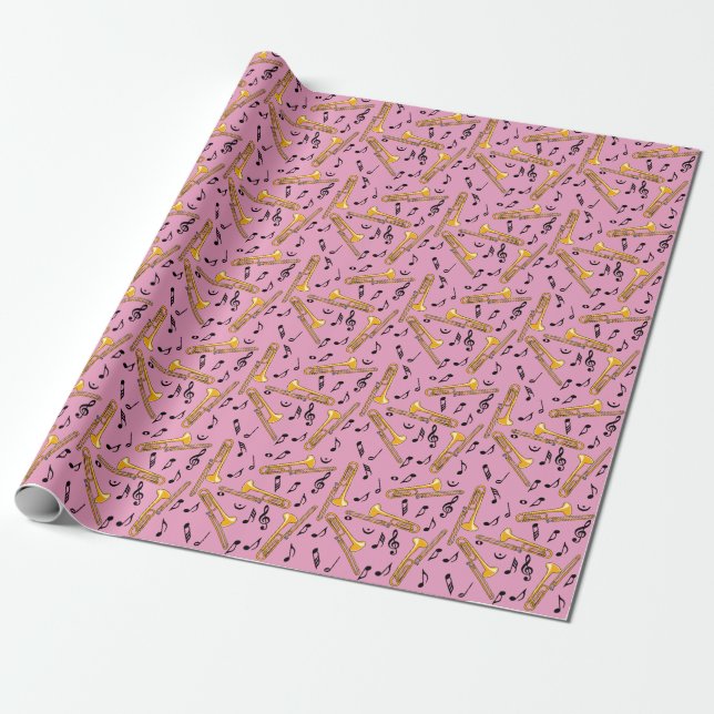 Trombone-Musiknoten rosa Muster Geschenkpapier (Ungerollt)