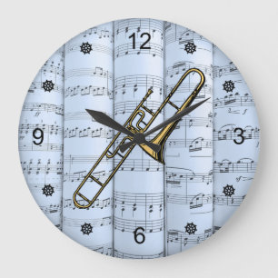 Trombone~Rollsheet Music~Blue Tint Hintergrund~ Große Wanduhr