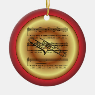 Trombone~Sheet Music~Red/Green/Gold~Christmas~ Keramik Ornament