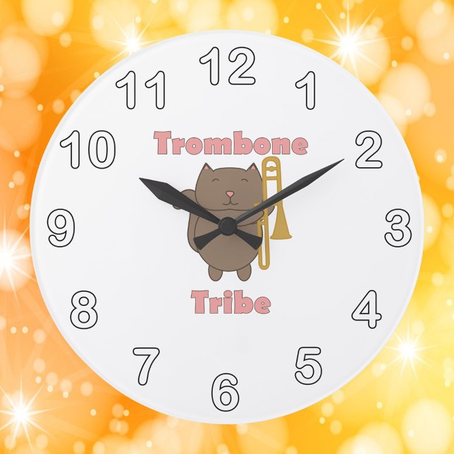 Trombone Tribe Braune Katze Große Wanduhr (A clock with a brown cat holding a trombone and the words trombone tribe in pink.)
