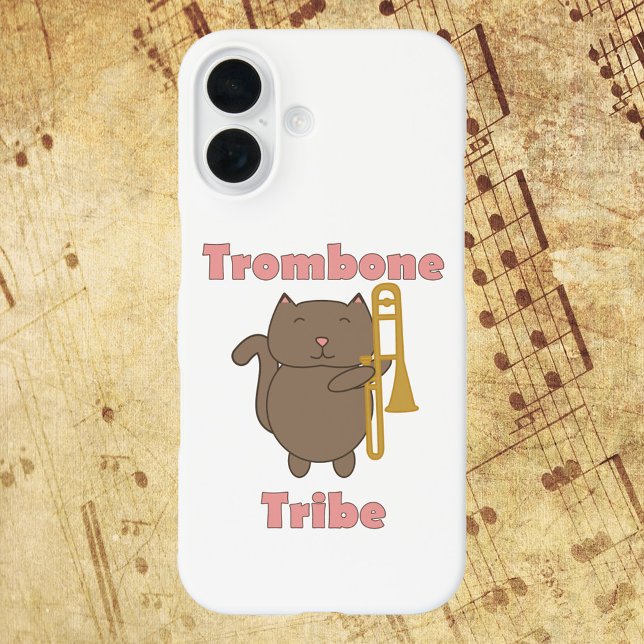 Trombone Tribe Cute Cat Musician Pink Case-Mate iPhone Hülle (A phone case with a cute kitty cat holding a trombone with the words trombone tribe.)